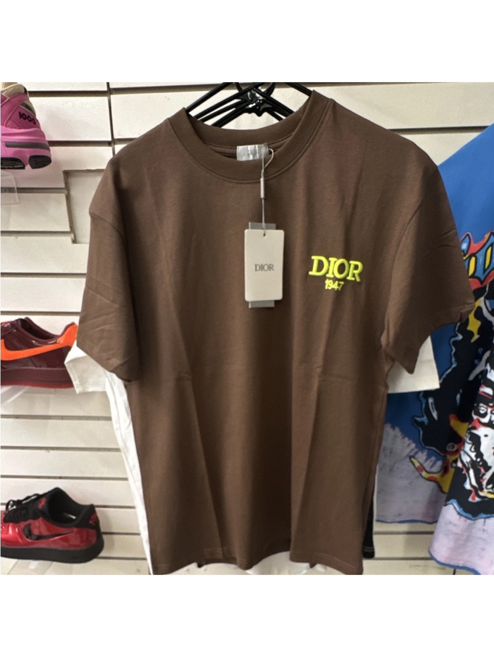 Dior Brown Short-Sleeve Tee with Neon Yellow Logo